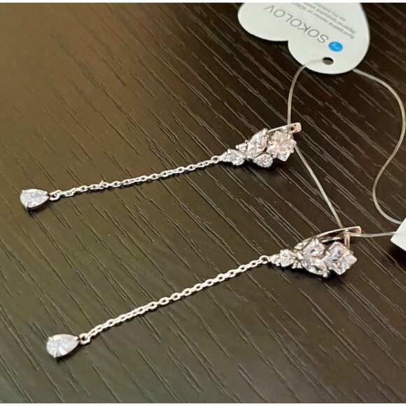 925 Sterling Silver Rhodium Plated Pear and Princess Cut CZ Dangle Earrings - Picture 11 of 14